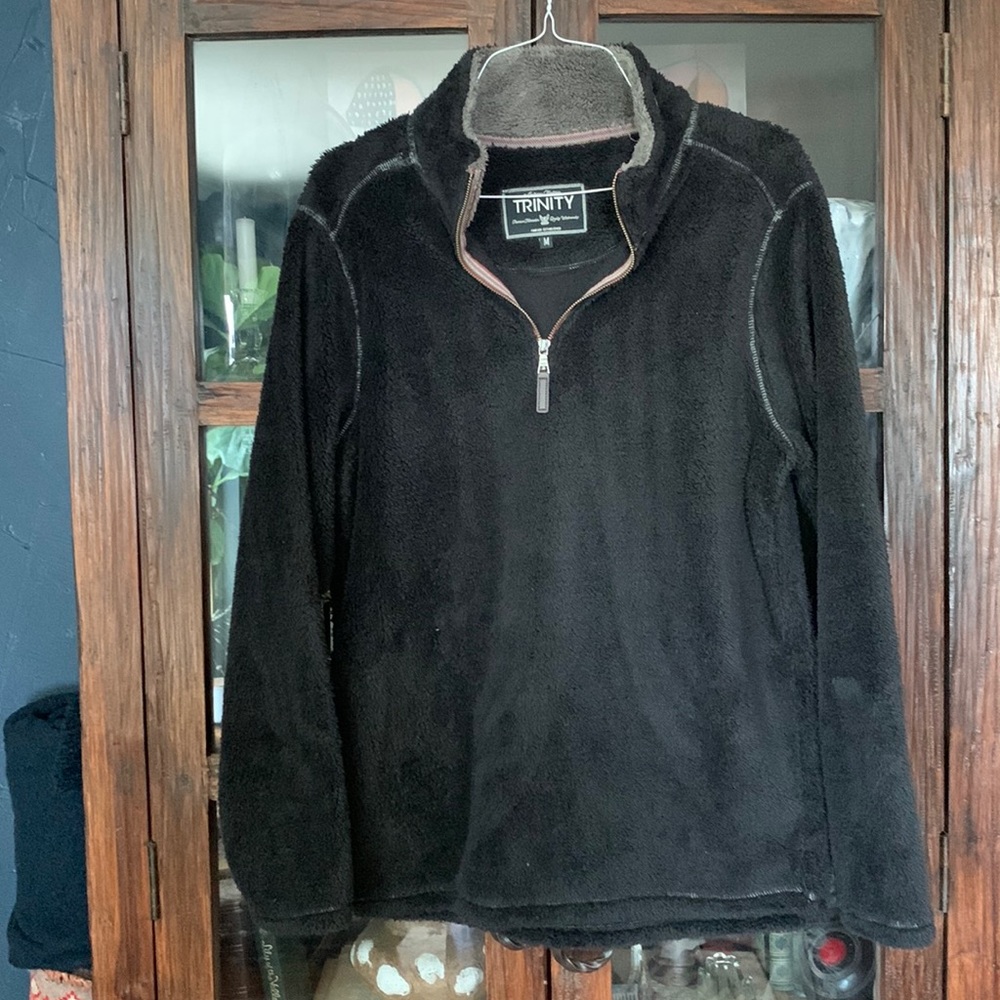 Trinity Black Fleece Pullover - Mens Medium / Ladies L . Half zippered closure